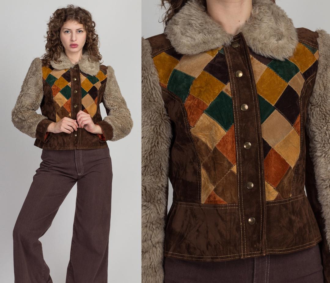 70s COUNTRY PACER tapestry penny lane shearling trim coat L