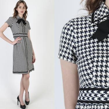 Vintage 60s Navy Houndstooth Dress Ivory Checkered Bow Tie Evening Cocktail Mini 