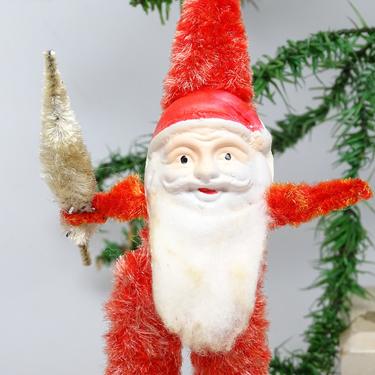 Vintage Large 9 1/2 Inch Santa Christmas Ornament, Hand Painted Plastic Face, Cotton Beard, Chenille Body, Faux Feather Tree 