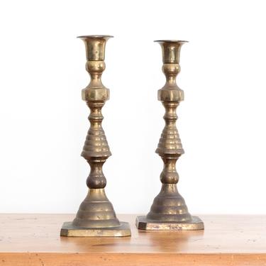 9.5&amp;quot; Tall Set of Two Brass Candlestick Holders, Pair of Brass Beehive Candle Holders 