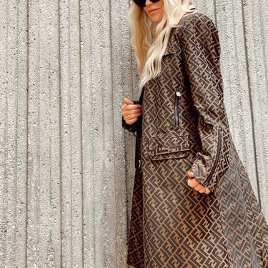 Vintage FENDI FF Zucca Print Monogram Womens Brown Black Trench Jacket Dress Coat It 44 