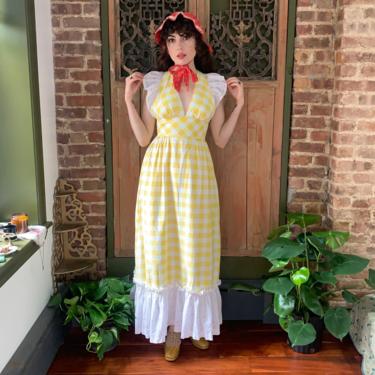 70’s CHECKED MAXI DRESS - yellow and white - low side and back - small 