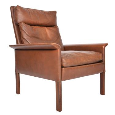 Danish Mid Century Modern Hans Olsen Leather + Rosewood Highback Lounge Chair 
