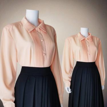 Vintage Pintucked Blouse, Large / Peach Button Blouse / Long Sleeve Cocktail Blouse / Classic 1940s Pinup Style Button Up Dress Blouse 