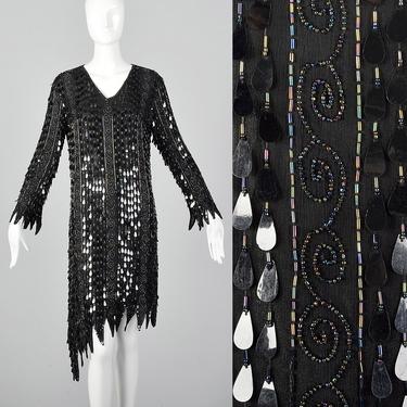 XS Frank Usher Beaded Silk Dress Teardrop Paillettes Black Beading Flame Edge Asymmetrical 1970s Disco Vintage Dress 