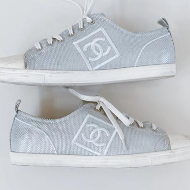 Vintage CHANEL CC Logos White & Black Fabric Canvas Sneakers Trainers, Moonstone Vintage