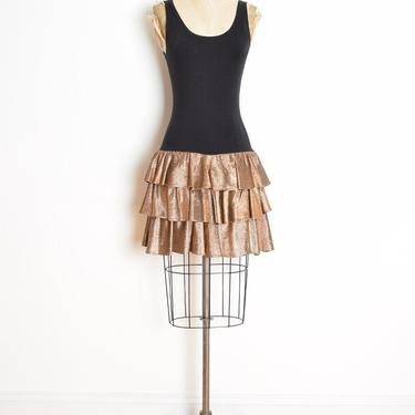 vintage 80s dress black metallic bronze tiered ruffle prom party cocktail XS S clothing 