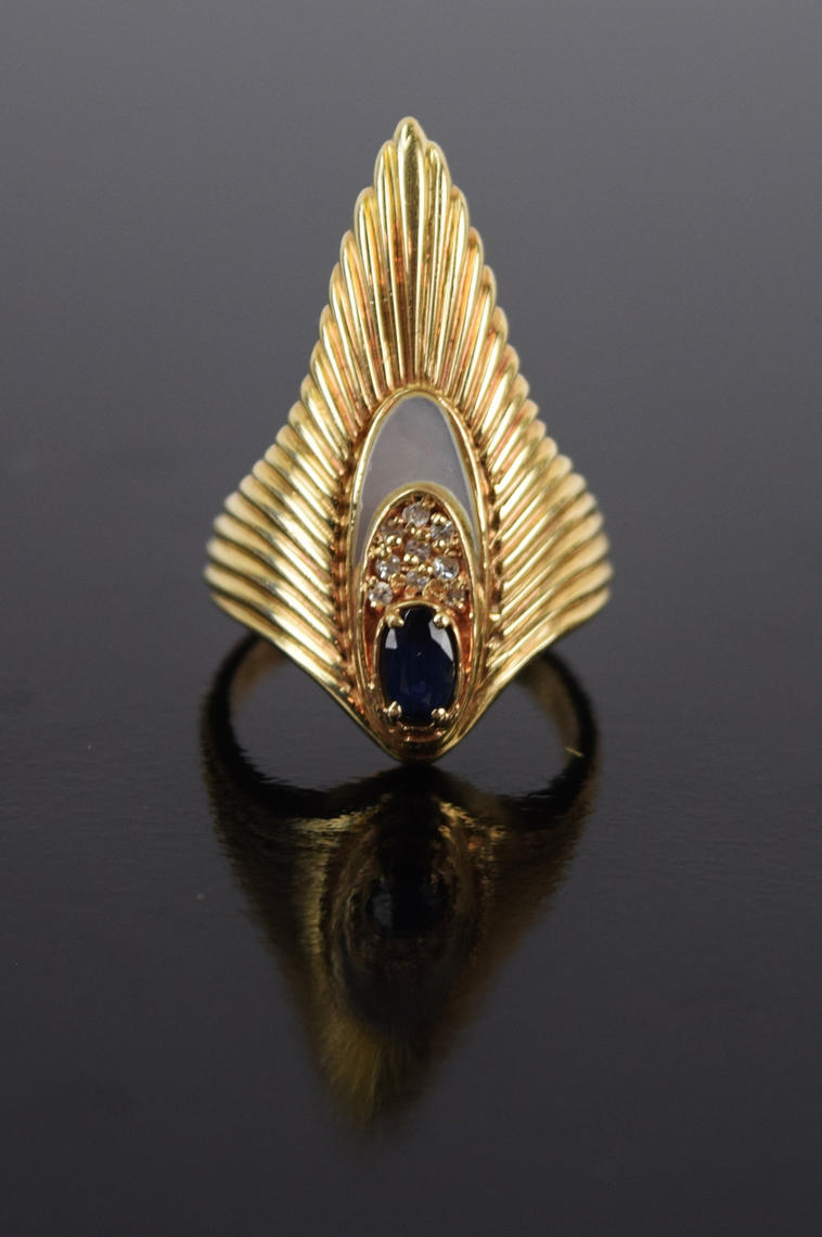 Erte Ltd Edition Peacock Rayonnement Ring 14k Gold Diamonds Sapphire Prairieland Art Antiques Glenview IL