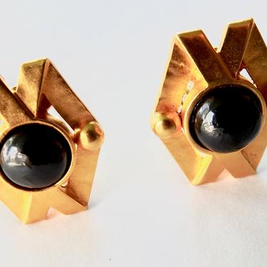 Karl Lagerfeld Black Glass Cabochon Gold Tone Earrings 