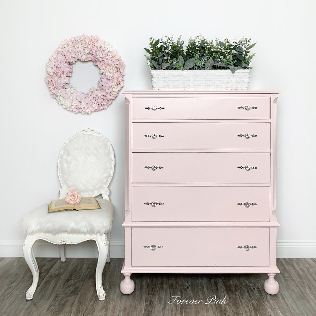 Pink Vintage Five Drawer Dresser, Chest of Drawers with Crystal