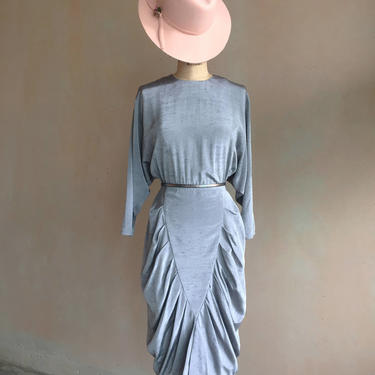 Vintage 80s Silver Soft Metallic 40s inspired Party Dress 