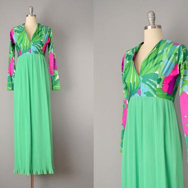 70s Dress // 1970's Carrie Couture Tropical Print Silk Jersey and Micro-Pleated Chiffon Maxi Dress// Small 