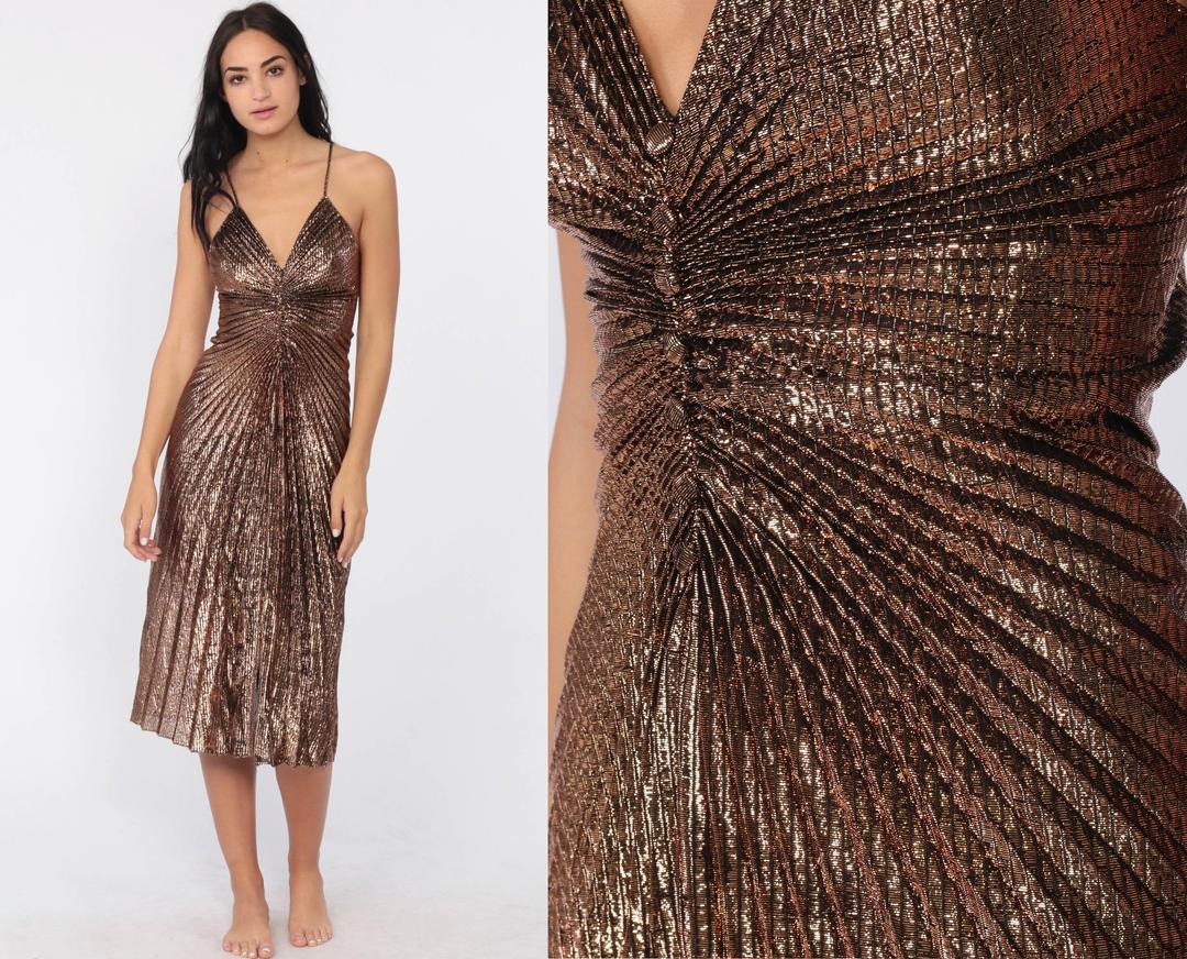 Metallic Copper Dress Party Disco 70s Gown Accordion PLEATED Cocktail