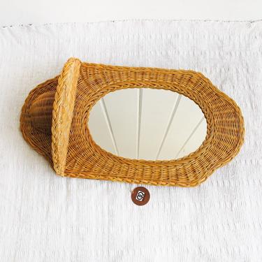 Vintage Curved Bamboo Hanging Mirror with Woven Tray - Made by Quon Quon 