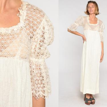 Mexican Maxi Dress Off-White Bohemian 70s Mexican Wedding Crochet LACE Sheer Puff Sleeve Dress Pintuck Boho Hippie Vintage Small S 