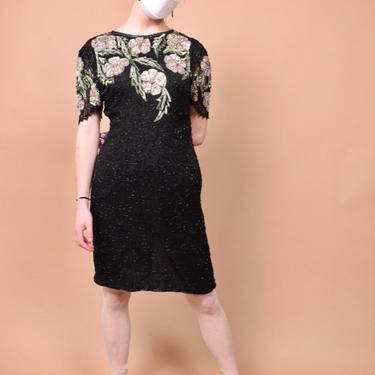 Beaded Black Silk Dress By Laurence Kazar, L