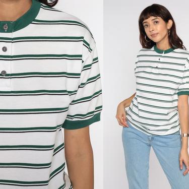 Striped T Shirt 90s Henley T Shirt White Green Tee 90s Retro Tee Vintage Normcore Short Sleeve Small Medium 