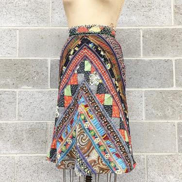Vintage Skirt Retro 1970s Whistle Stop + Size 11 + Patchwork + Quilted + Midi + Bohemian + Hippie + Womens Apparel 