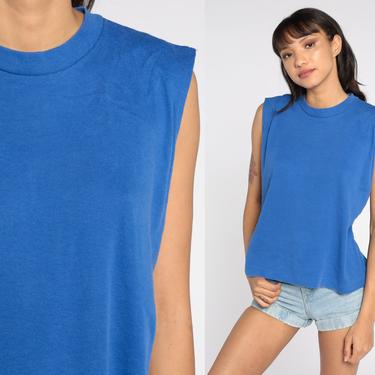 Blue Muscle Tee Shirt 80s Tank Top Tee Retro Shirt Plain Sleeveless Top 1980s Plain Vintage Single Stitch Retro Medium 