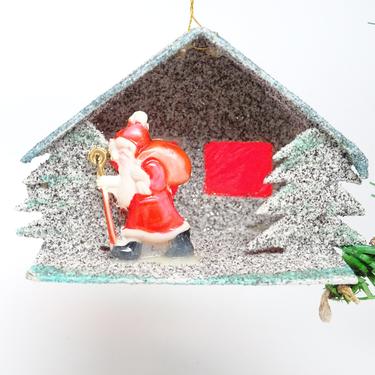 Vintage Santa Christmas Ornament, Antique Celluloid and Glitter House and Trees, Hand Made 