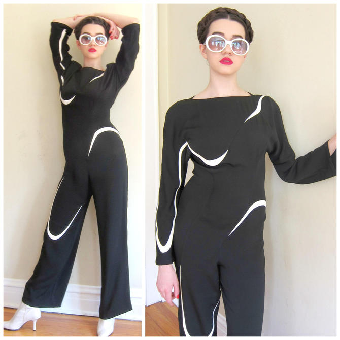 1980s Thierry Mugler Jumpsuit / 80s Black and White Silk