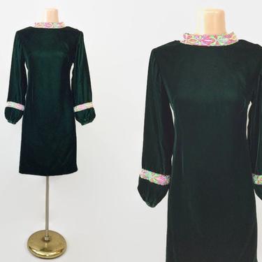 Vintage 60s Green Velvet Mini Shift Dress With Bishop Sleeves | 1960s MCM Groovy Twiggy Cocktail Dress | Size 13 By Teena Paige Fashions 
