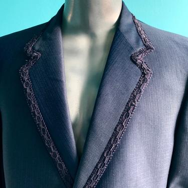 Vintage Smoking Jacket, Tuxedo, Blazer, Braid Trim, Dark Blue, 60s 70s, Fits Size 39L 