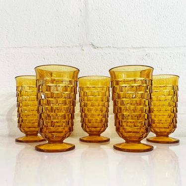 Vintage Iced Tea Glasses Set of 5 Indiana Glass Whitehall Pattern Amber Yellow Orange Highball Glasses 1960s 60s Wine Goblet Water 