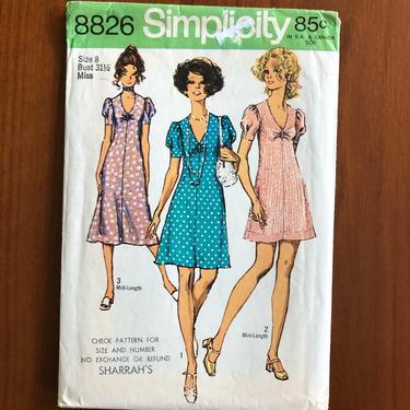 1970s mini or midi puff sleeve dress sewing pattern DIY vintage Simplicity 8 S 