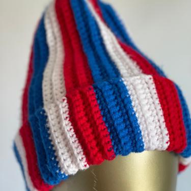 Patriotic Beanie Red Whte &amp; Blue Hand Crocheted 