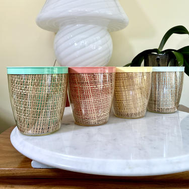 4 Vintage Raffia Ware Raffiaware Insulated Tumblers Drinkware Glasses - Clear, Pastels, Soft Coral, Pale Blue, Butter Yellow, Jadeite Green 