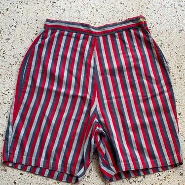 1950's Cotton Shorts / High Waisted Navy Blue and Red Stripe Cotton Shorts / Play Suit Hot Pants / VLV Viva Las Vegas 