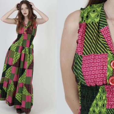 African Tribal Maxi Dress / Patchwork Floral Neon Dress / Vintage 80s Smocked Elastic Bust / Womens Floor Length Safari Long Dress 