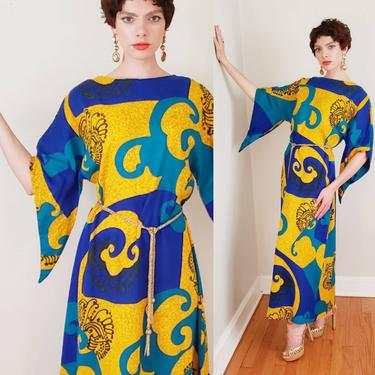 1960s Caftan Dress Blue Yellow Psychedelic Print / 60s Maxi Dress Lounger Tiki Party Kamehameha Hawaii Vacation Resort / Medium 