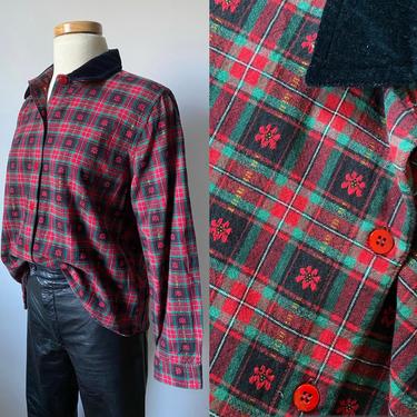 Poinsettia Woven Tartan Top with Velvet Collar 