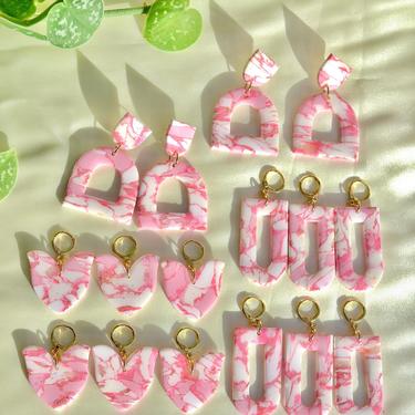 Pink and White Marble Polymer Clay and Resin Earrings, Handmade Valentine's Day Gift for Her 