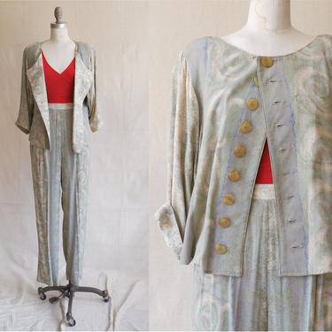 Vintage 80s Modernist Pastel Print Two Piece Set/ 1980s 90s Cropped Jacket and Trousers/ Size Medium 