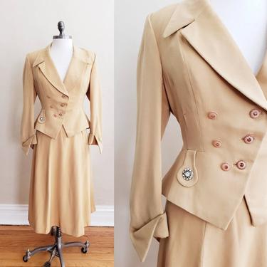 1940s Mustard Yellow Wool Skirt Suit / 40s Gabardine Blazer Matching A Line Skirt Natalie Green Exclusive / S 