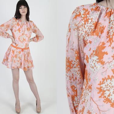 Vintage 70s Cherry Blossom Floral Dress , Mod Disco Party Fit 'N Flare Dress , Drop Waist Scooter Mini Dress 