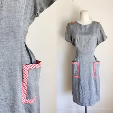 Vintage 1950s Chambray Gray and Gingham Day Dress / M 
