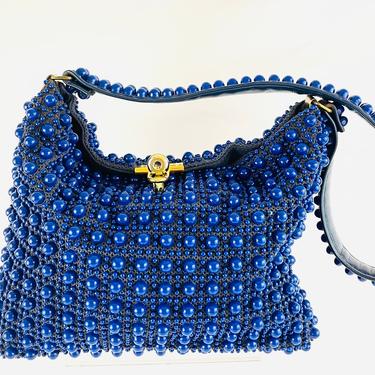 Vintage 1970s Groovy MOD Hippie Blue Plastic Beaded Shoulder Handbag Bead Bag Purse 