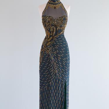 Vintage 1980's Emerald Beaded Silk Evening Gown / Size 10-12