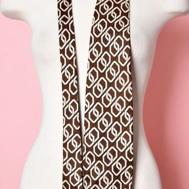 Vintage Mens Tie Lucien Piccard Silk Brown & White Geometric Mid Century 1960's, 1970's Rich Hippie Disco 