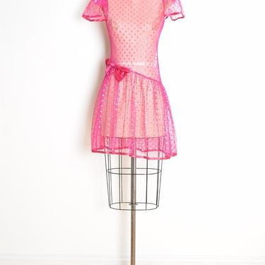 vintage 80s dress sheer lace mesh magenta pink bow metallic polka dot mini XS clothing 