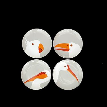 Vintage Mid Century Modern Exotic Birds Luncheon Plates Lot of 4 Fitz and Floyd  Fine Porcelain 7.5&quot; Diameter 