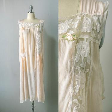 Antique Silk Slip Lace Nightgown Edwardian L 