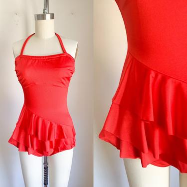 Vintage 1980s Red Ruffled Swimsuit / M 