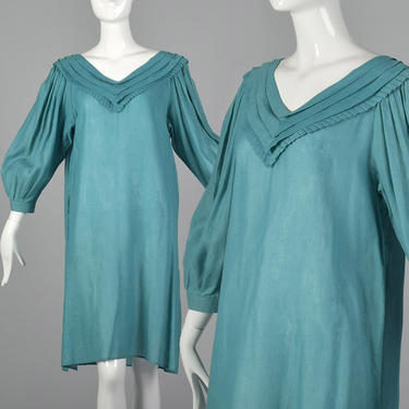 1980s Byblos Teal Tunic Dress Vintage Linen Dress Cotton Dress Blue Boho Dress Bohemian Summer Dress Casual 