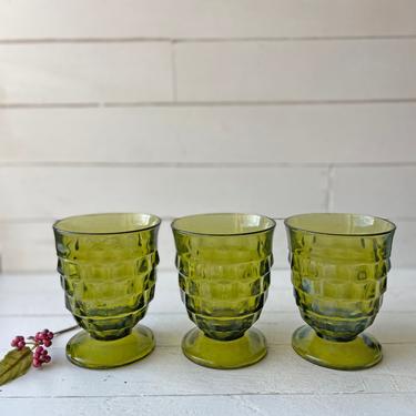 Vintage Green Whitehall Glasses Indiana Glass Avocado Footed Juice Glasses // Green Glass Barware // Rustic, Farmhouse, Cottage Green Cups 