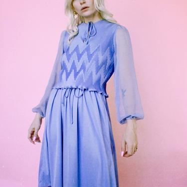 Vintage 60s | Periwinkle Poly Dress w/ Micro Pleats and Sheer Sleeves 